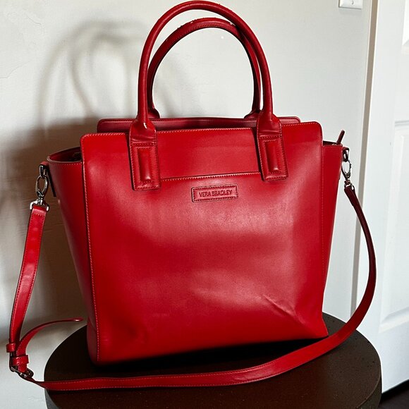 Vera Bradley Red Leather Tote Satchel Bag with Strap - Picture 1 of 3